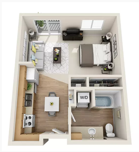 Floor plan for studio, 1 bath, 496 sqft